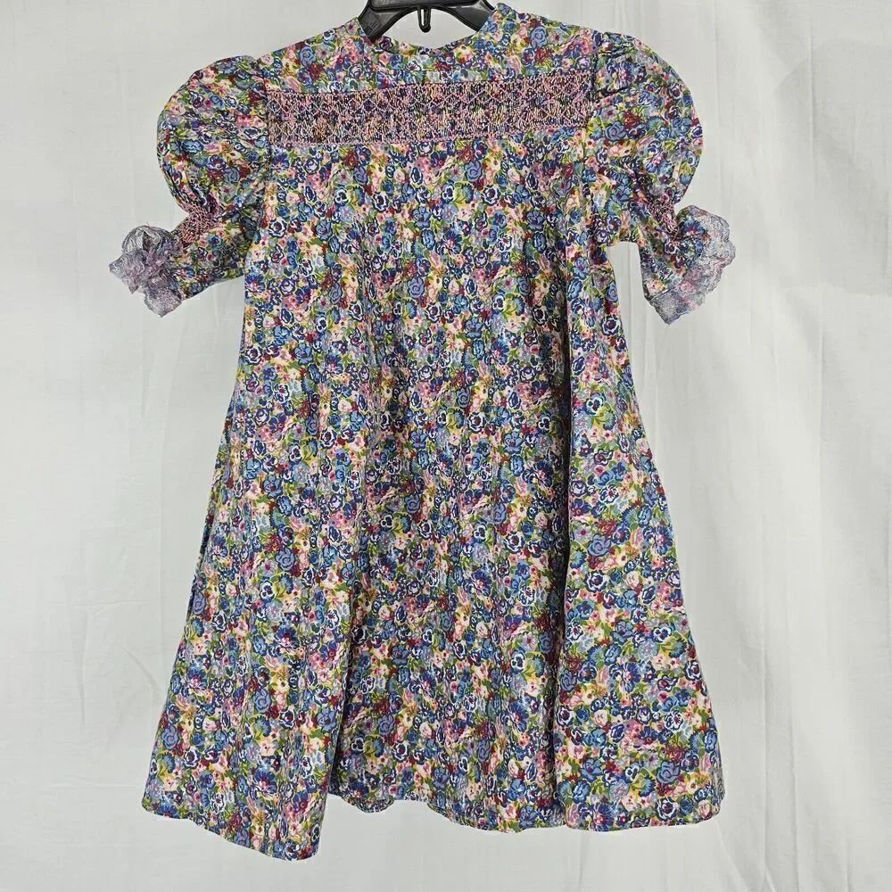 Vintage Floral Print Smocked Bishop Dress Lace Fits Girls Size 3/4 Long